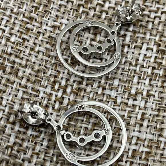 Vintage Sterling Silver Double Hoop Earrings with CZ Accents, Rhodium Plated - Picture 6 of 15